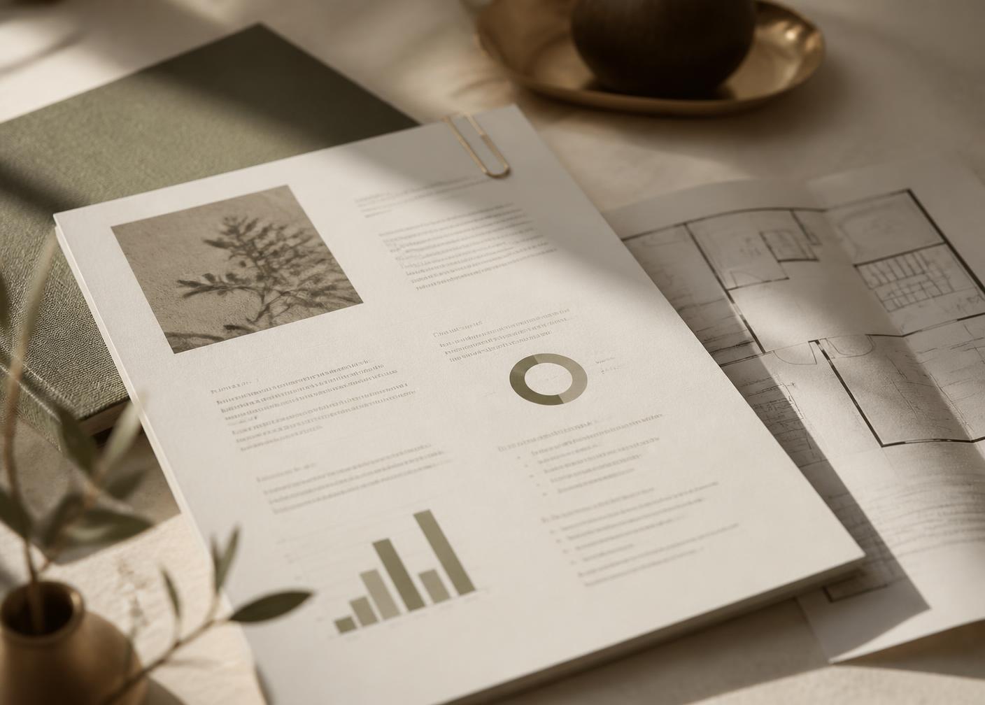 A printed decision brief resting beside a floor plan on a sunlit desk